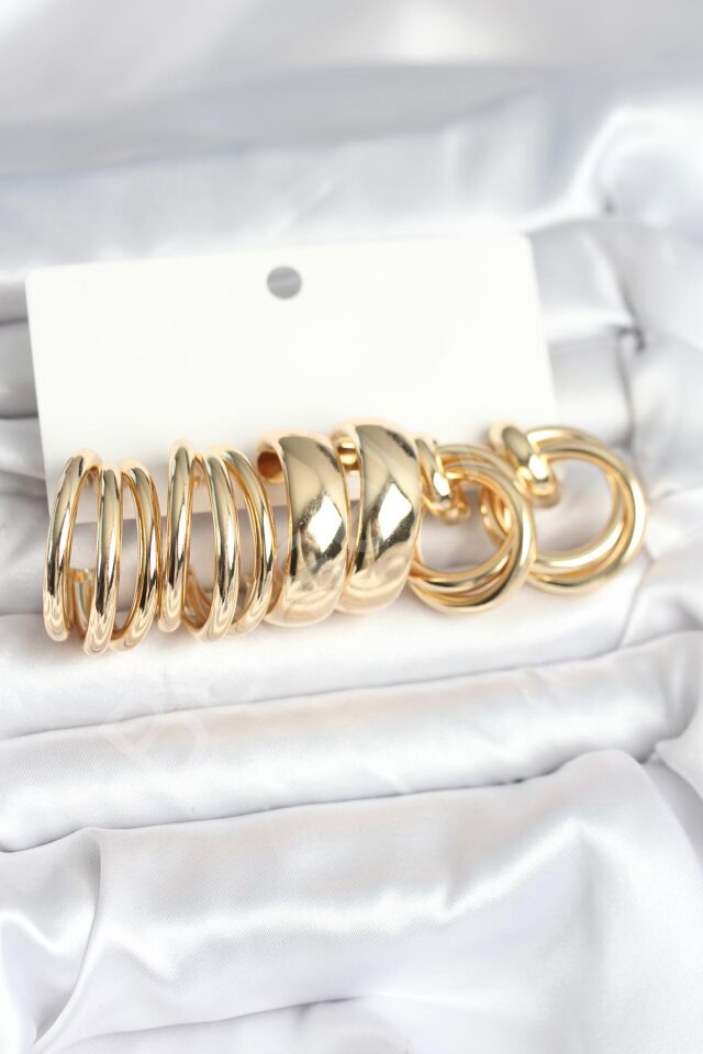 Pirinç Gold Renk 3 Çift Vintage Kadın Küpe Seti
