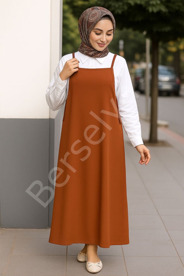 Kadın Kahverengi Basic Ayarlanabilir Askılı Jile Elbise