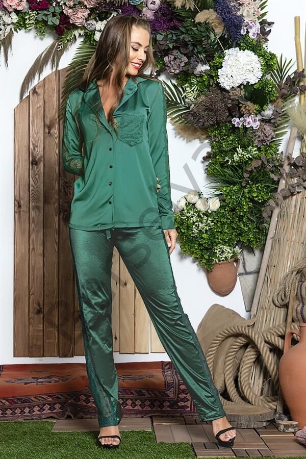 3 Parça Gecelik Seti ; Gömlek, Bralet Sütyen Ve Pantolon Takım Zümrüt (brf31726)