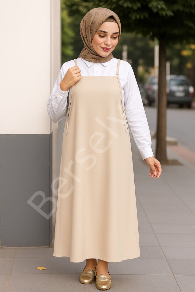 Kadın Taş Rengi Basic Ayarlanabilir Askılı Jile Elbise