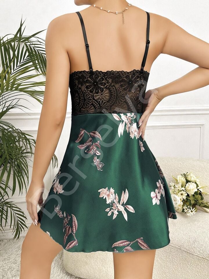 Özel Tasarım Çiçek Desenli İnce Askılı Dantel İşlemeli Yeşil Mini Saten Gecelik