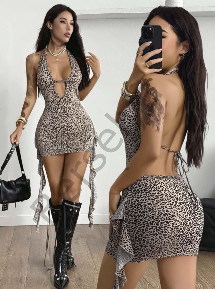 Kadın Leopar Desenli Fantezi Gece Elbisesi 5114