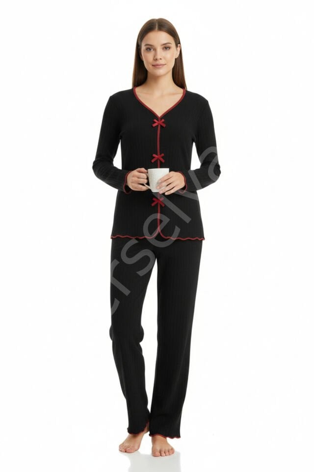 Premium Kadın 4’lü Fitilli Set – Siyah Kırmızı Biyeli (pijama Üst, Pantolon, Bikini Takımı)