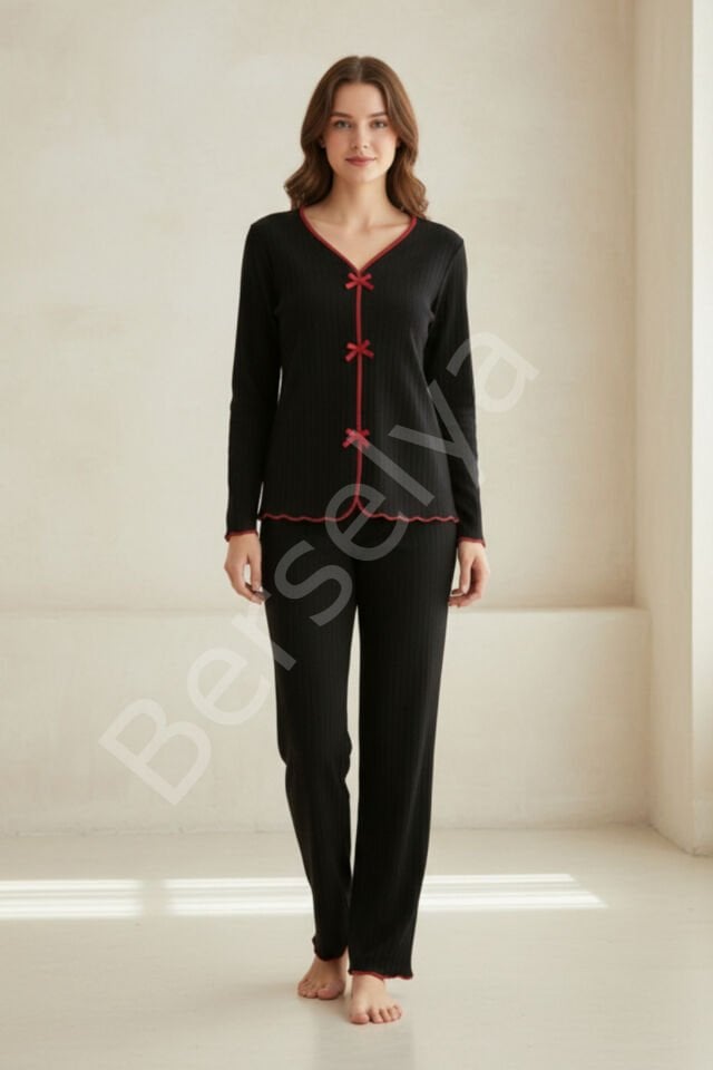 Premium Kadın 4’lü Fitilli Set – Siyah Kırmızı Biyeli (pijama Üst, Pantolon, Bikini Takımı)