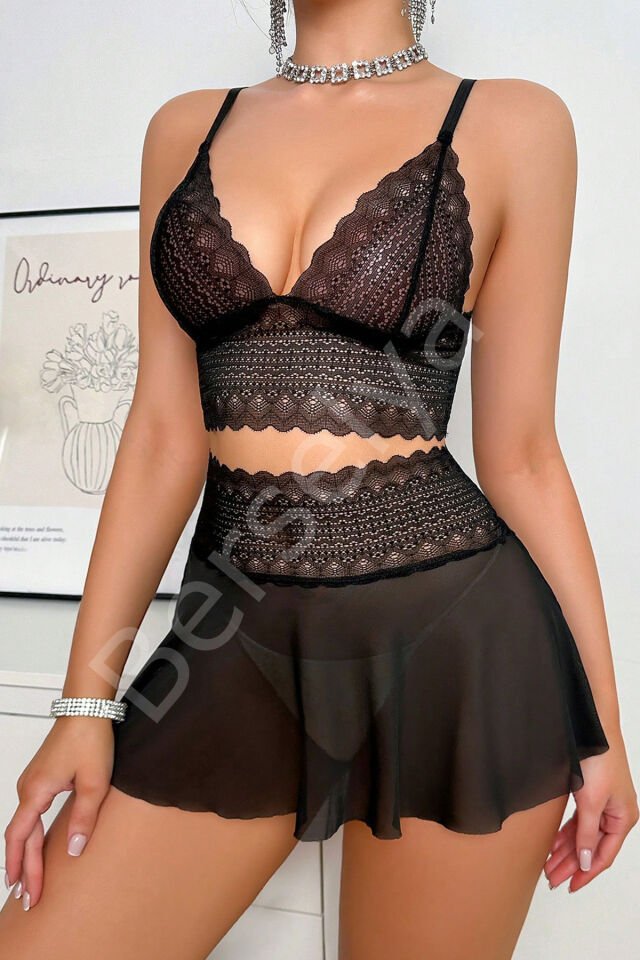 Kadın Siyah Dantel Ve Tül Detaylı Etekli Şık Gecelik Takımı