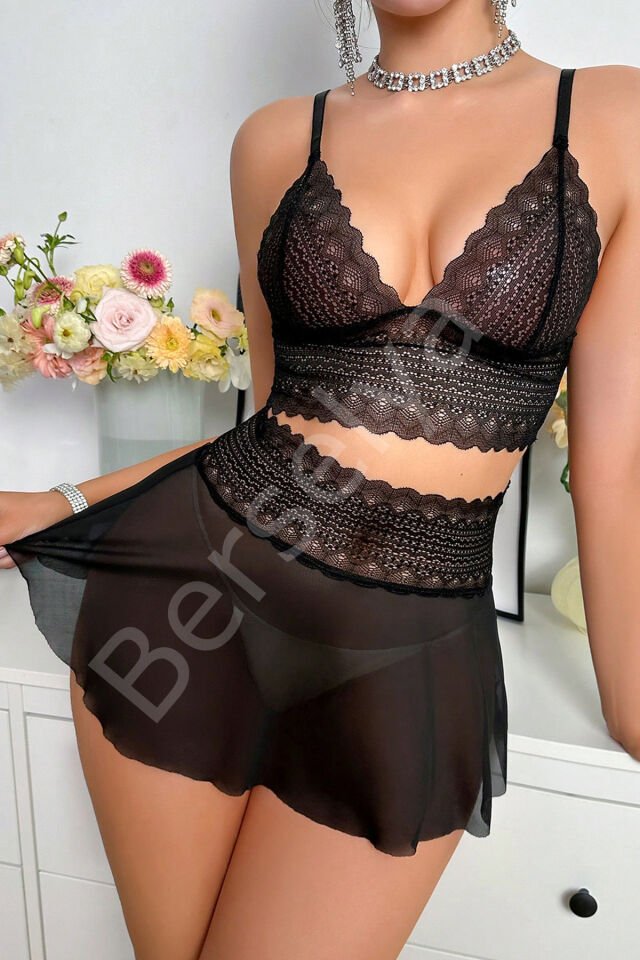 Kadın Siyah Dantel Ve Tül Detaylı Etekli Şık Gecelik Takımı