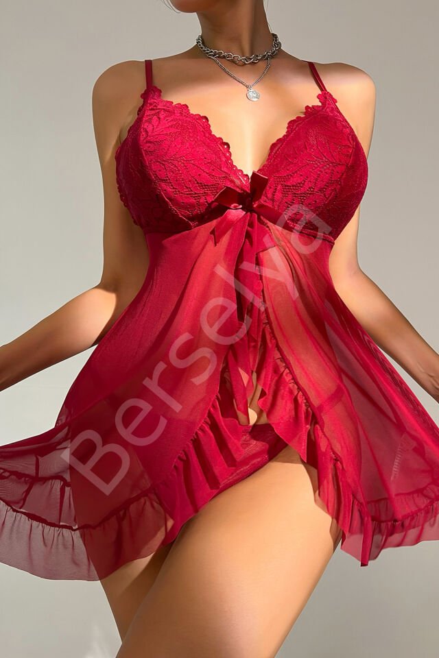 Kadın Bordo Dantelli, Fırfırlı Tül Ve Fiyonk Detaylı Tangalı Gecelik Takımı
