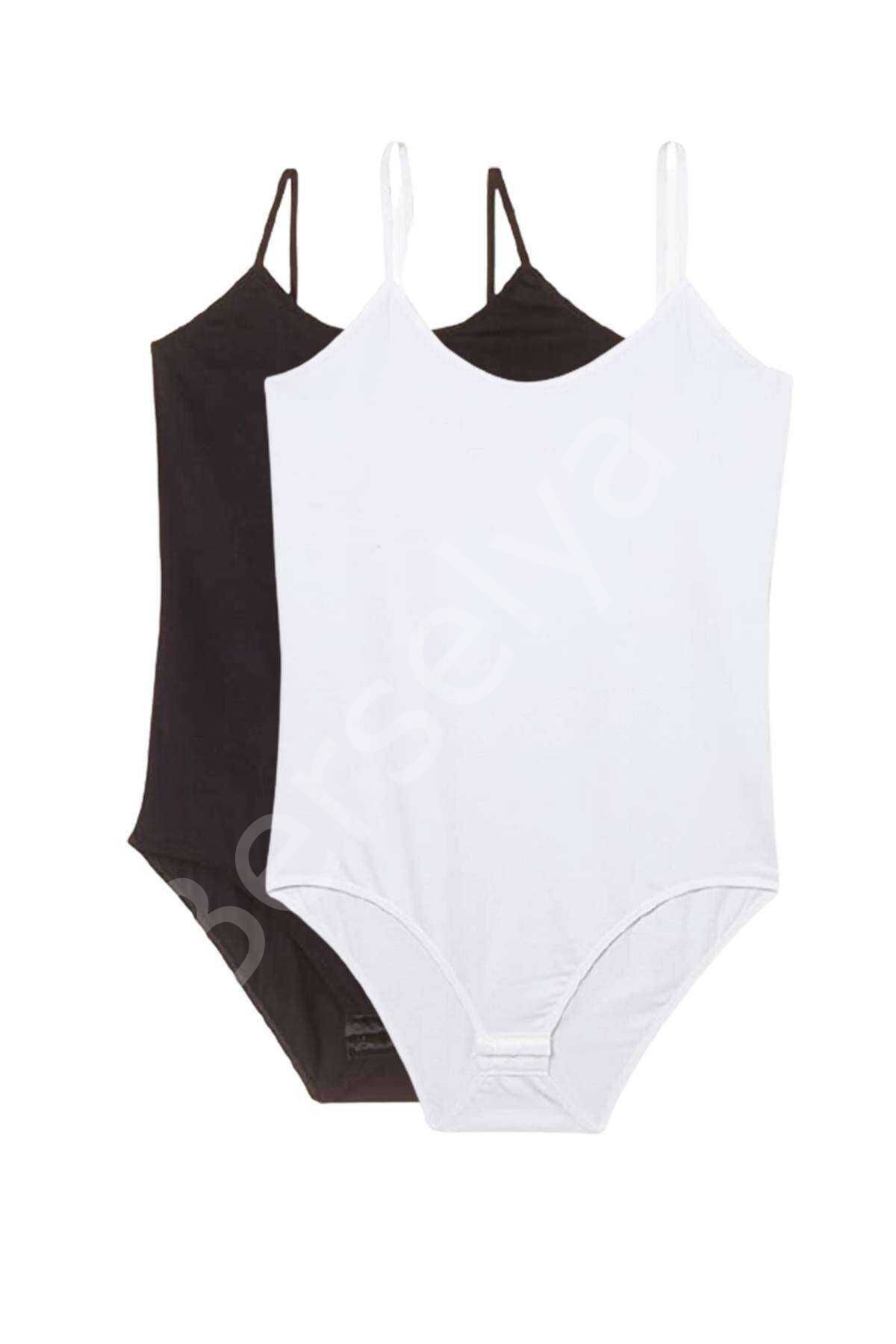 2 Adet Battal Beden İp Askılı Kadın Çıtçıtlı Body Siyah Beyaz