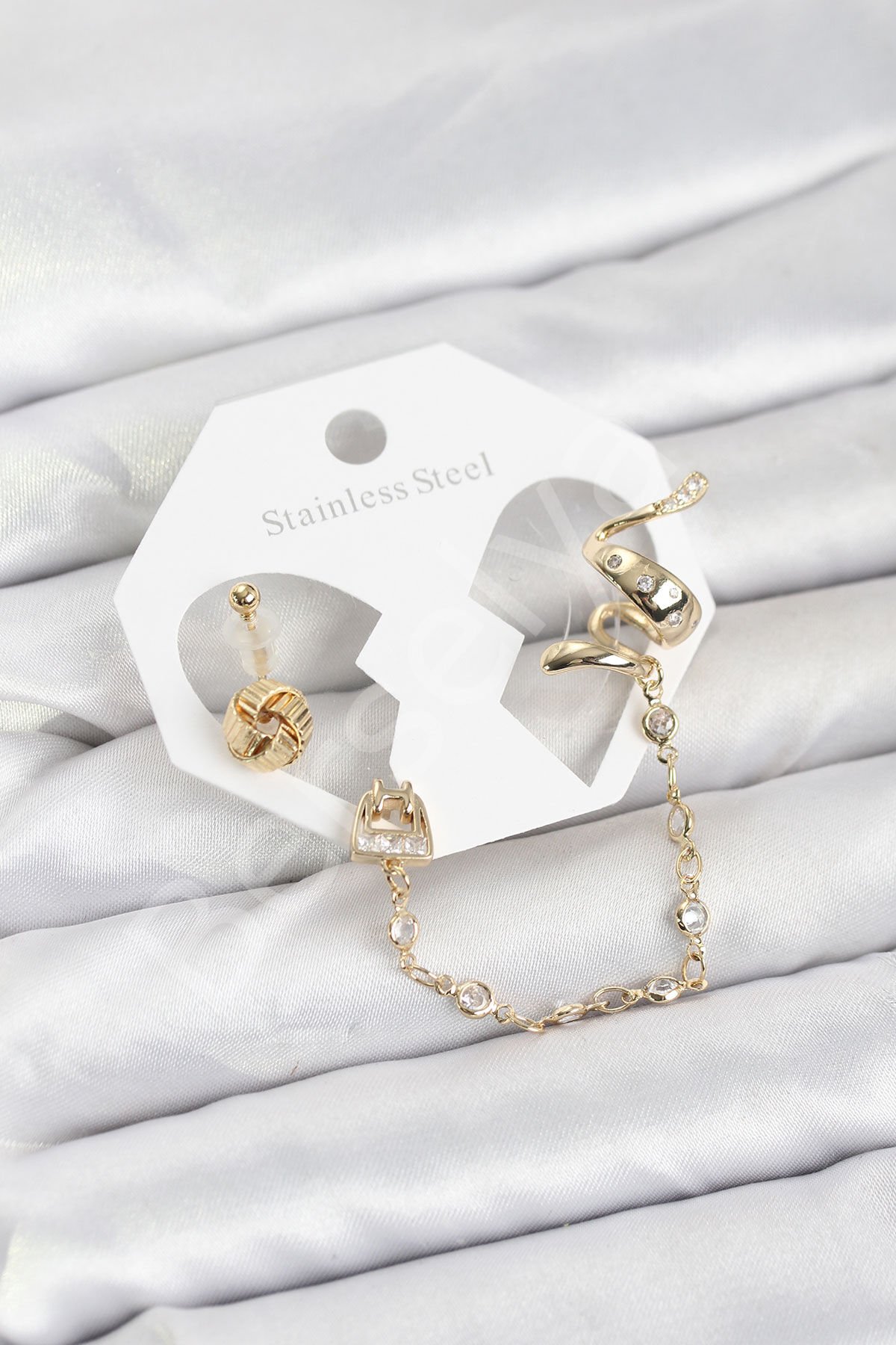 Pirinç Gold Renk Yılan Model Zincir Bağlantılı Ear Cuff Küpe Seti