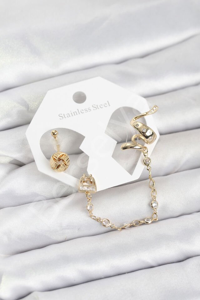 Pirinç Gold Renk Yılan Model Zincir Bağlantılı Ear Cuff Küpe Seti