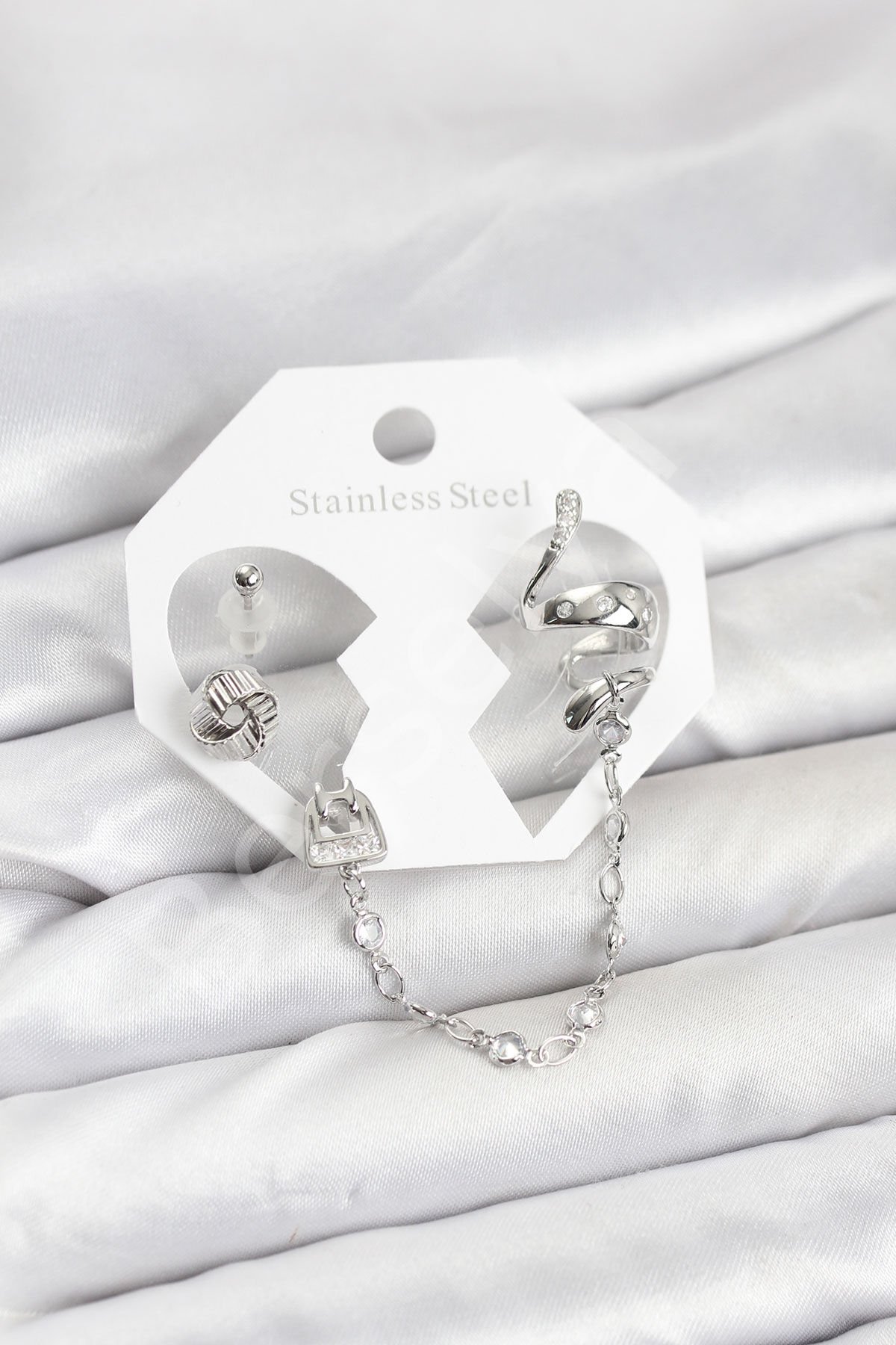 Pirinç Gümüş Renk Yılan Model Zincir Bağlantılı Ear Cuff Küpe Seti