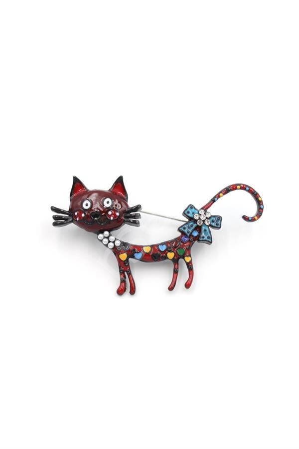 Süslü Kedi Broş - Kırmızı Kırmızı