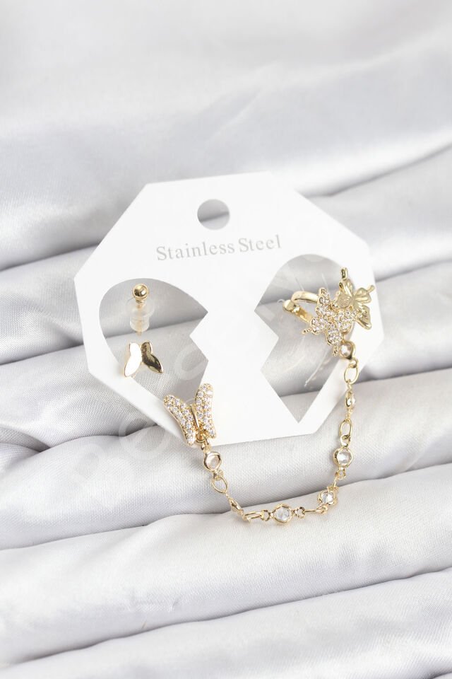 Pirinç Gold Renk Kelebek Model Zincir Bağlantılı Ear Cuff Küpe Seti