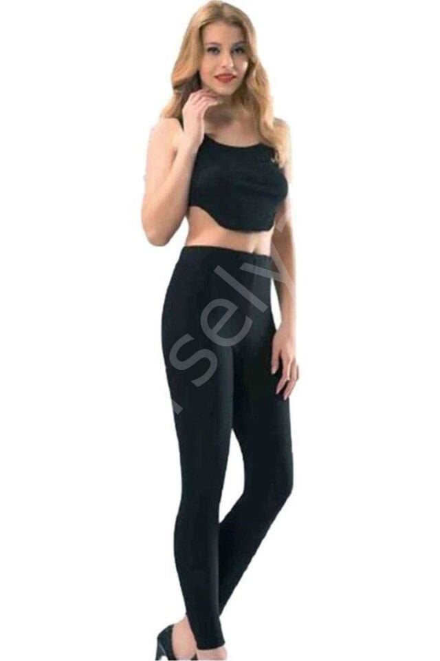 Kota Kadın Uzun Paça Katlamalı Likralı Sporcu Düz Tayt Siyah 4000