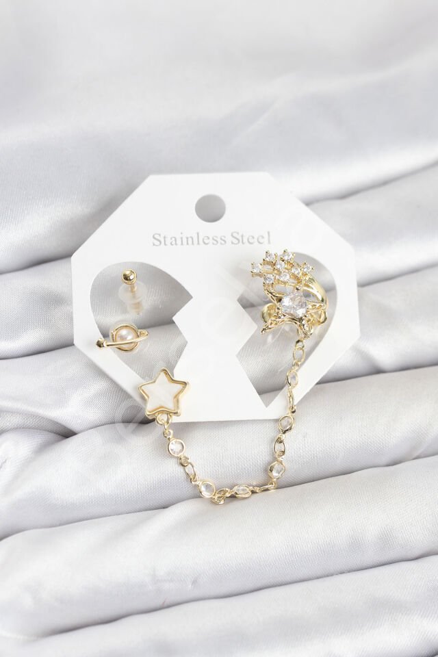 Pirinç Gold Renk Yıldız Model Zincir Bağlantılı Ear Cuff Küpe Seti