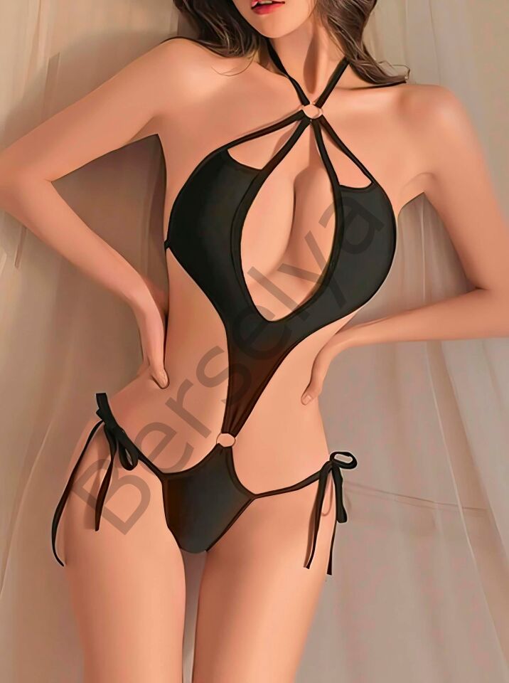 Kadın Siyah Fantezi Boyundan Bağlama Halka Detaylı Sexi Kostüm 2046