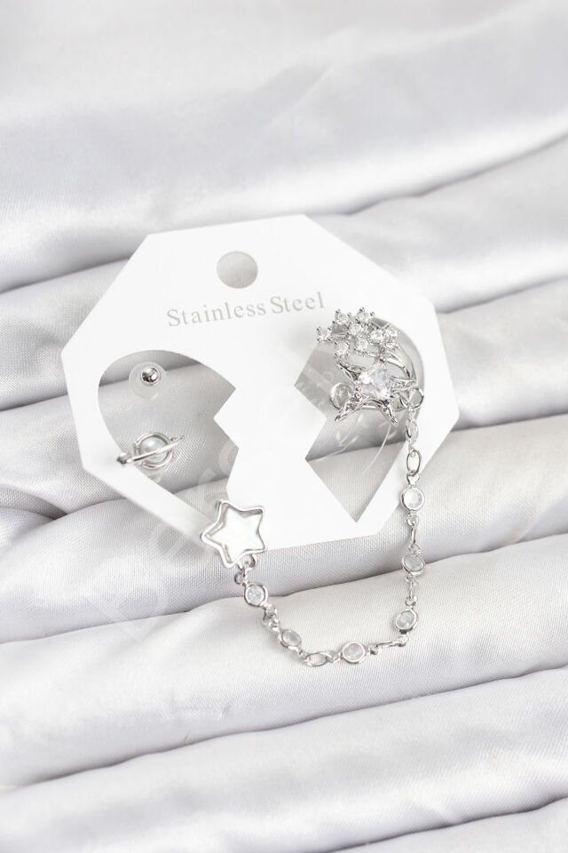 Pirinç Gümüş Renk Yıldız Model Zincir Bağlantılı Ear Cuff Küpe Seti