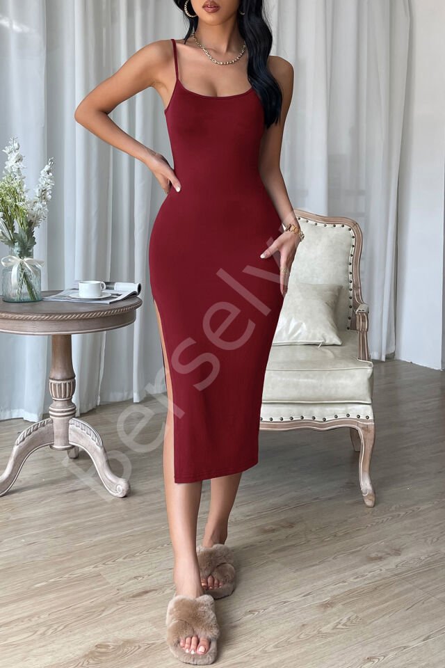 Kadın Bordo Yırtmaçlı Diz Altı Vücüdu Saran Gecelik