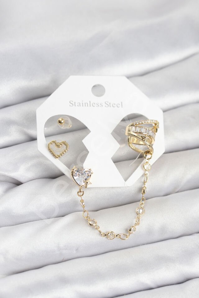 Pirinç Gold Renk Kalp Model Zincir Bağlantılı Ear Cuff Küpe Seti