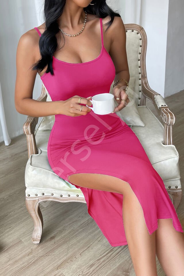 Kadın Fuşya Yırtmaçlı Diz Altı Vücüdu Saran Gecelik