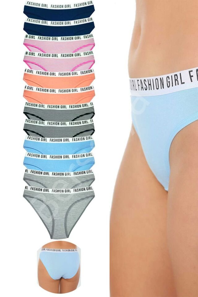12 Adet Beli Yazılı Lastik Pamuk Kadın Külot