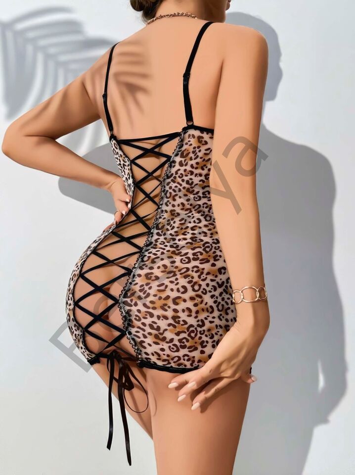 Şık Leopar Desenli Arkası Çapraz Bağlamalı Fantezi Kostüm