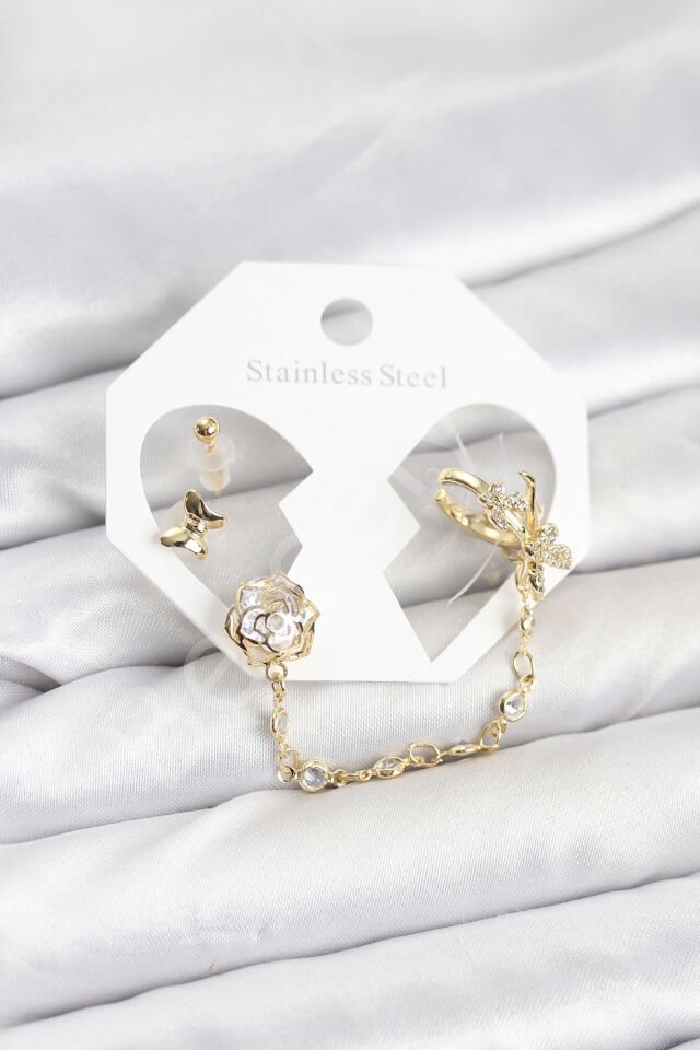 Pirinç Gold Renk Kelebekli Model Zincir Bağlantılı Ear Cuff Küpe Seti
