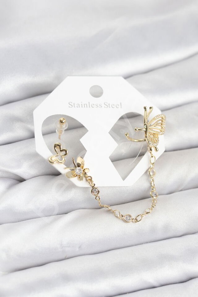 Kelebekli Model Pirinç Gold Renk Zincir Bağlantılı Ear Cuff Küpe Seti