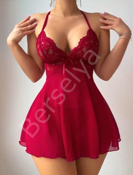 Bordo Dantel İşlemeli Boyundan Bağlamalı Likralı Fantezi Tül Gecelik