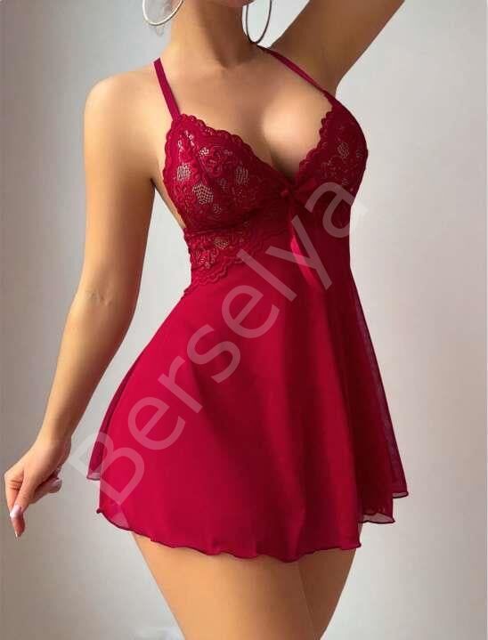 Bordo Dantel İşlemeli Boyundan Bağlamalı Likralı Fantezi Tül Gecelik