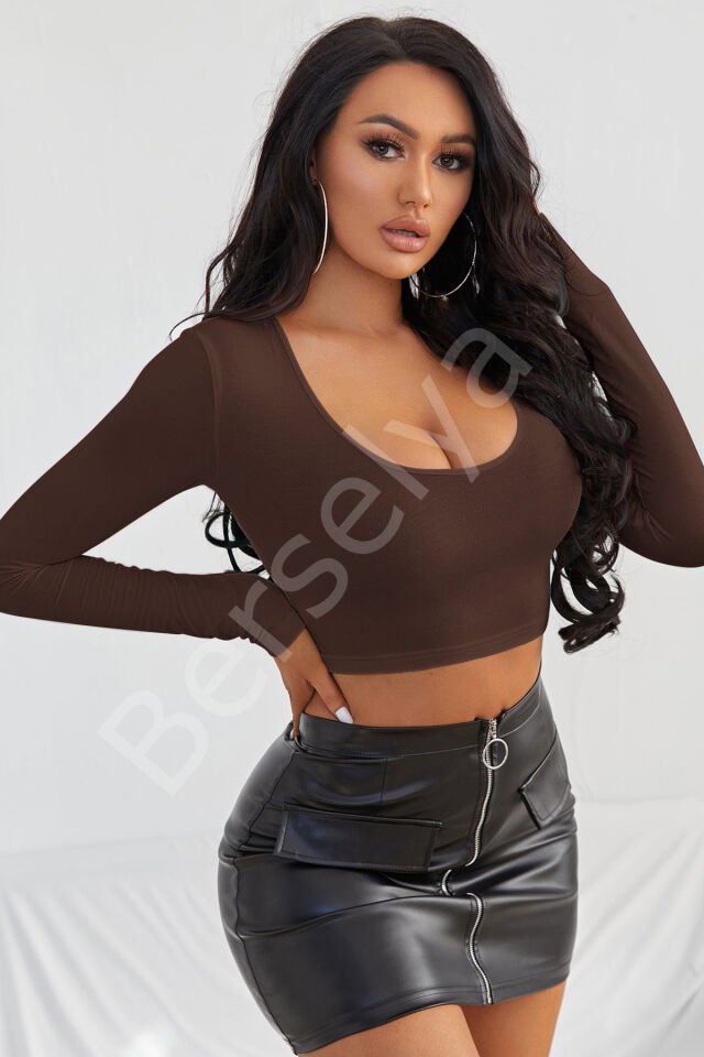 Kadın Kahverengi Uzun Kol Kare Yaka Crop Top Bluz