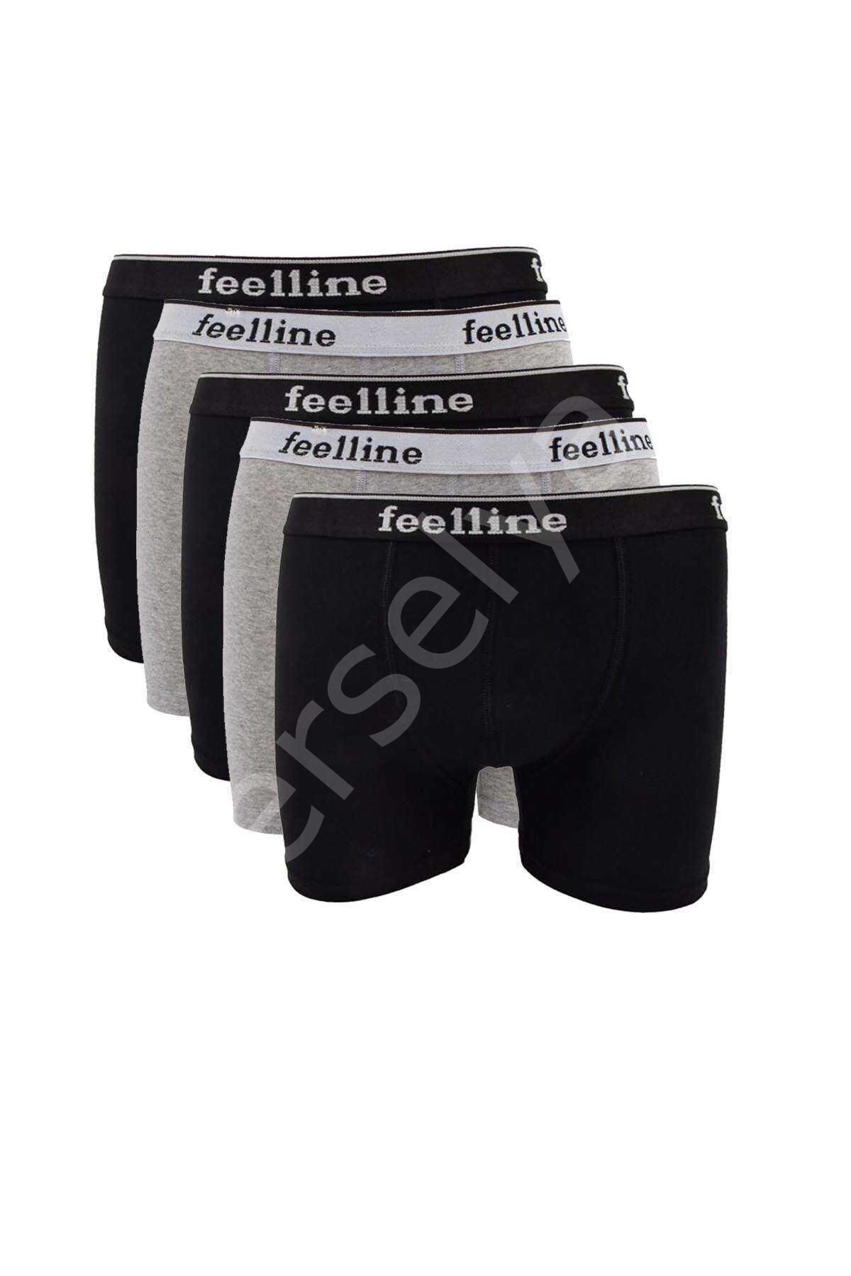 5 adet Feelline Siyah ve Gri Pamuklu Doğal Likralı Erkek Boxer