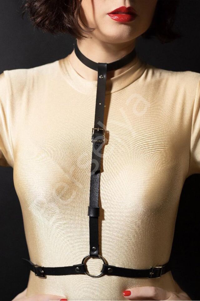Siyah Deri Fantazi Harness Büstiyer 1080