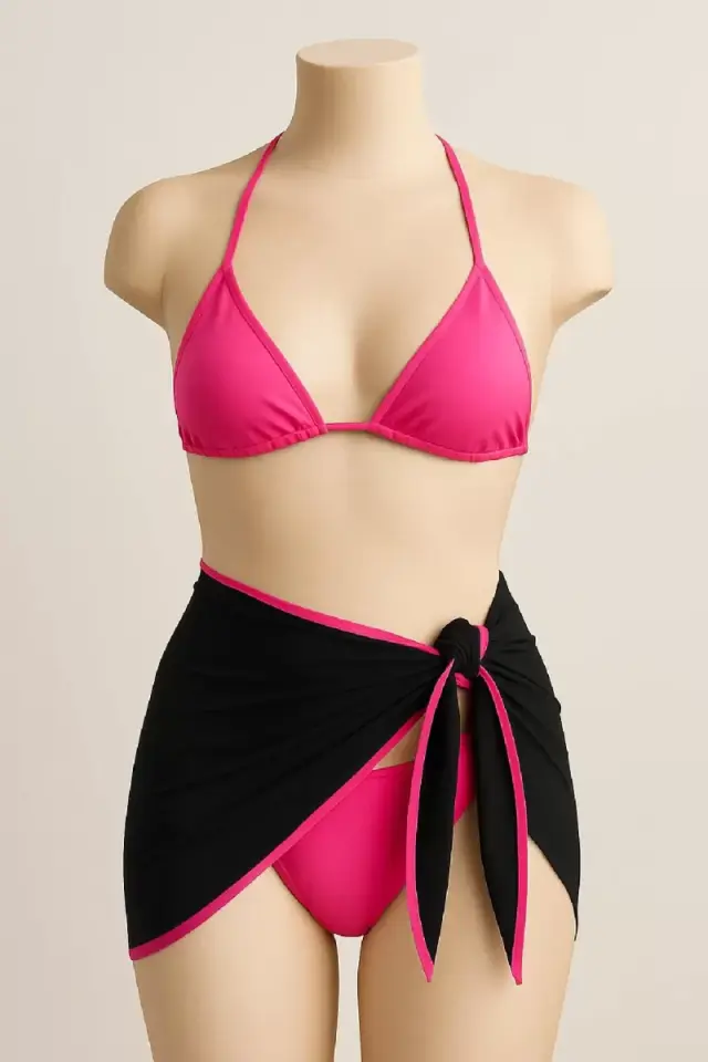 Kadın Fuşya Siyah 3’lü Pareolu Bikini Takımı