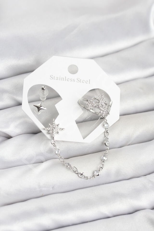 Kutup Yıldızı Model Pirinç Gümüş Renk Zincir Bağlantılı Ear Cuff Küpe Seti