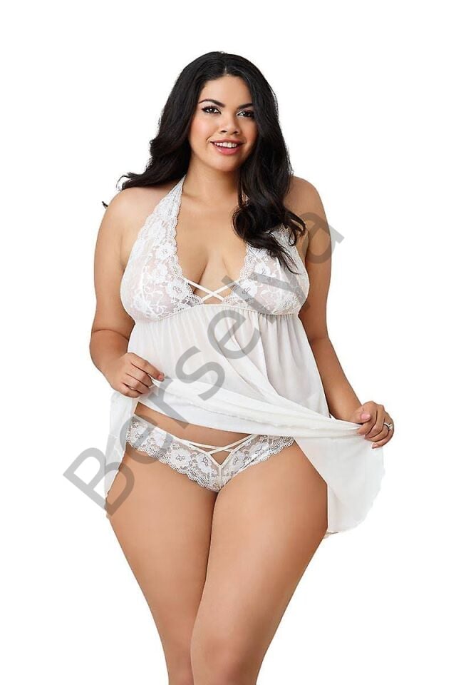 Dantelli Beyaz Büyük Beden Gecelik Brf1273