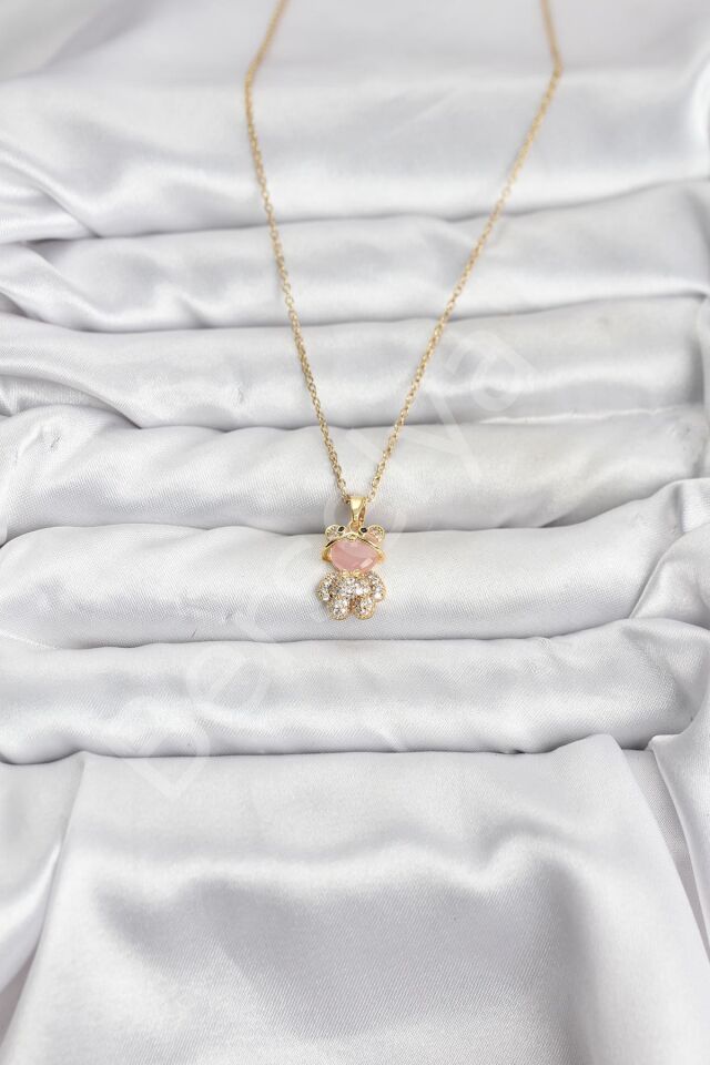 316L Çelik Zincir Gold Renk Teddy Bear Model Zirkon Taşlı Kadın Kolye