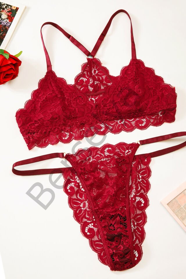 Kadın Bordo Sırtı Dantel Ve İp Detaylı Şık Sütyen Külot Takımı