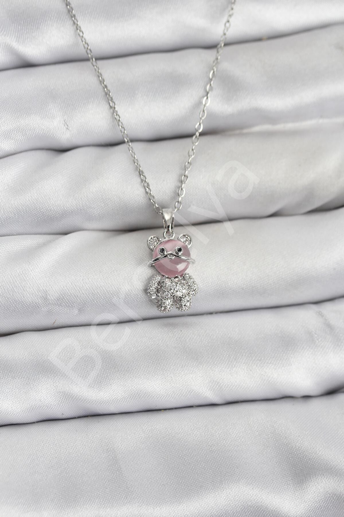 316L Çelik Zincir Gümüş Renk Teddy Bear Model Zirkon Taşlı Kadın Kolye