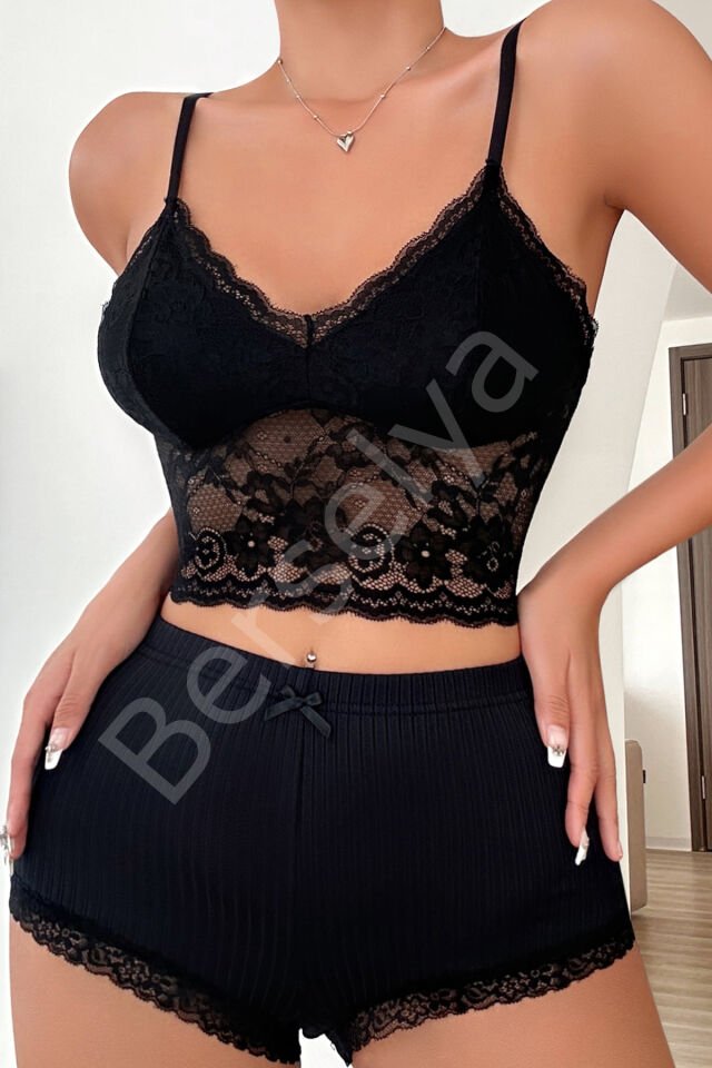Kadın Kaşkorse Şortlu Dantelli Gecelik Takımı