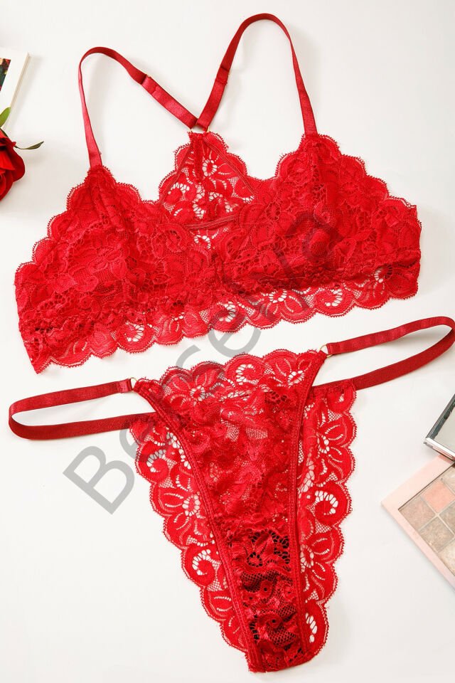 Kadın Kırmızı Sırtı Dantel Ve İp Detaylı Şık Sütyen Külot Takımı