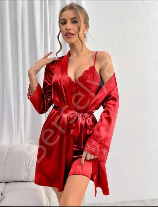 Dantel İşlemeli İnce Askılı Kırmızı Saten 2'li Gecelik Sabahlık Takımı