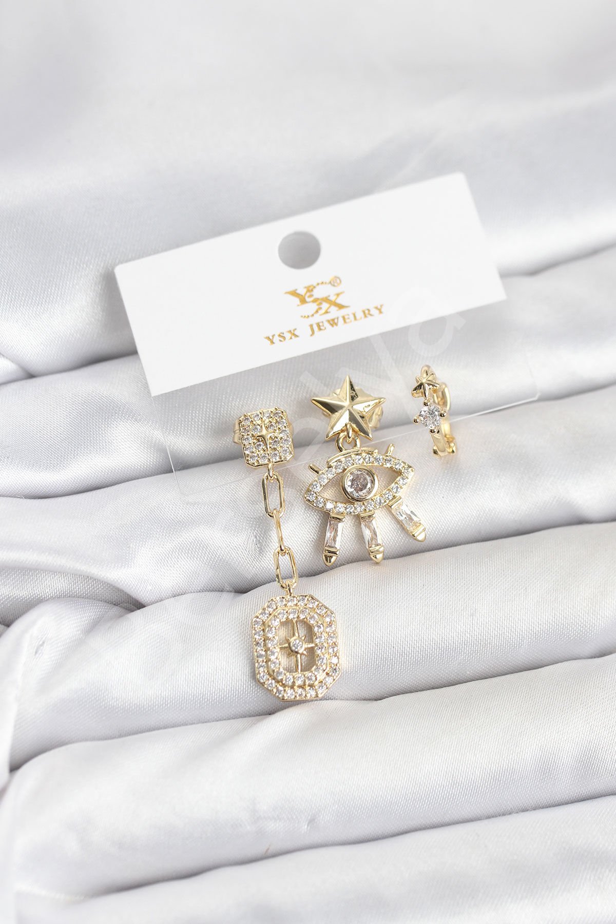 Pirinç Gold Renk Göz ve Kutup Yıldızı Model YSX Trio Küpe Seti