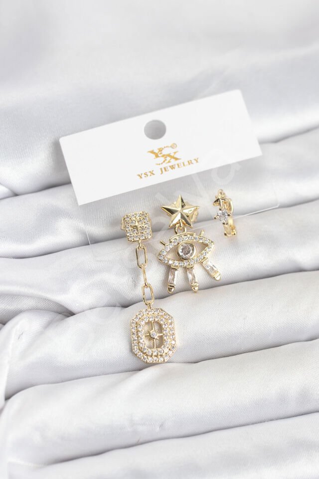 Pirinç Gold Renk Göz ve Kutup Yıldızı Model YSX Trio Küpe Seti
