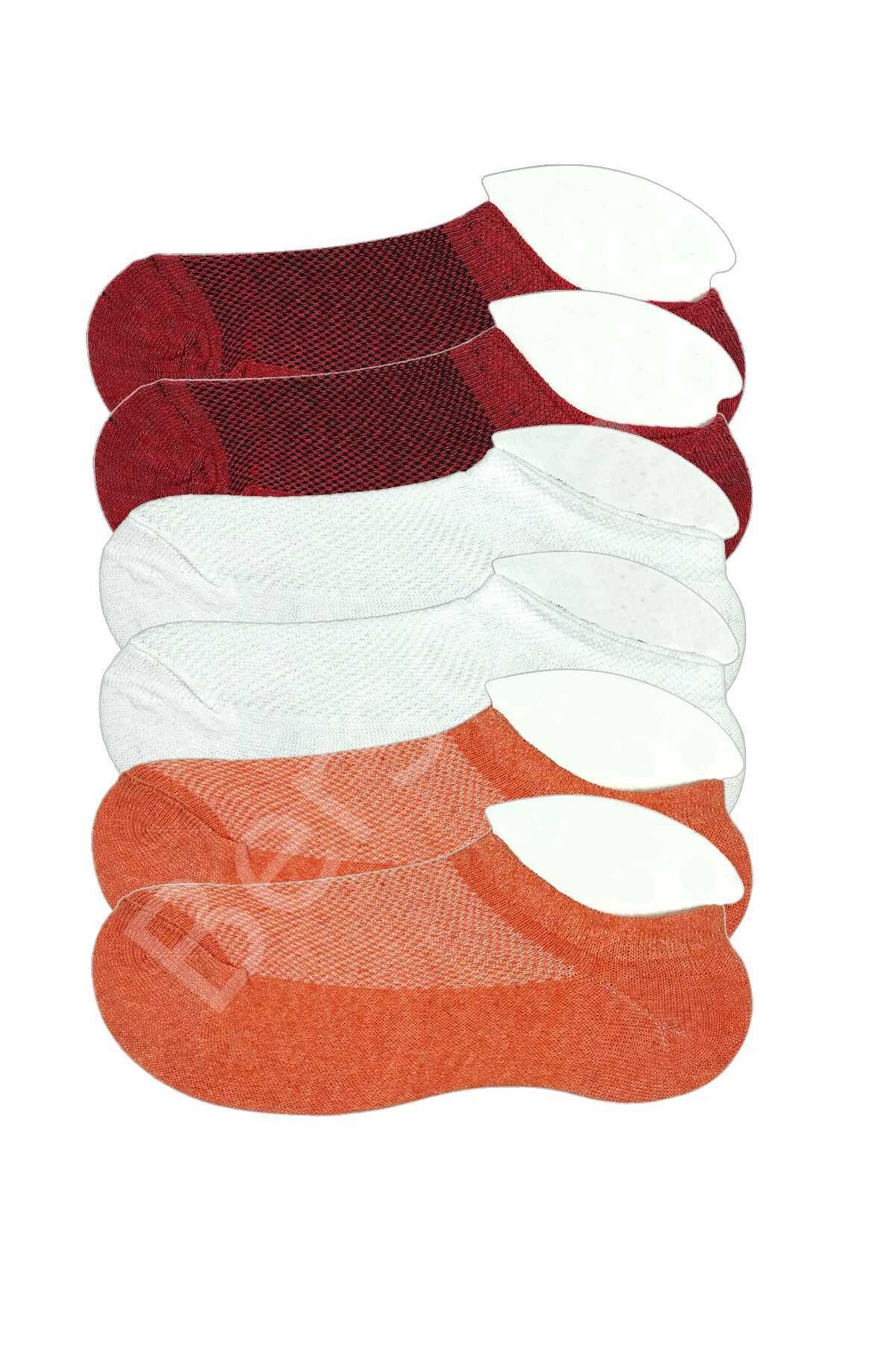 6 Adet Çocuk Sneaker Patik Çorap Bordo Beyaz Turuncu 5-6 Yaş