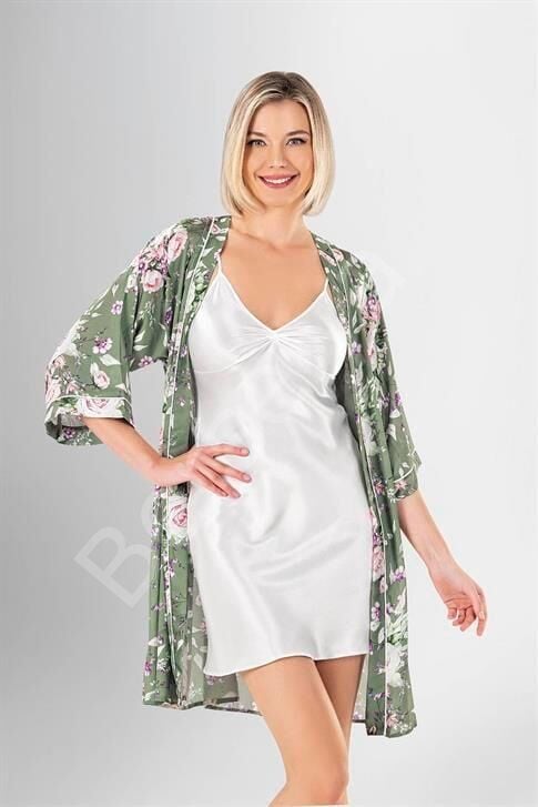 Desenli Saten 2'li Kısa Sabahlık Takımı