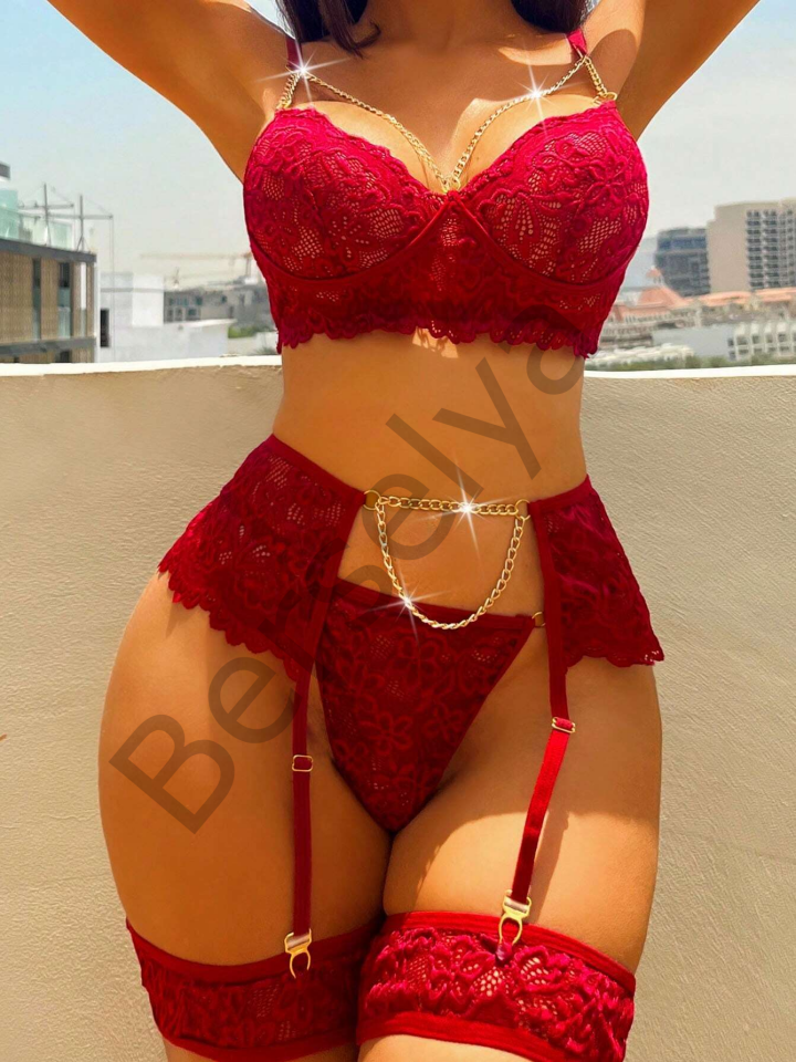 Dantel Göğüs Dekolteli Zincirli Bordo Jartiyer Takım