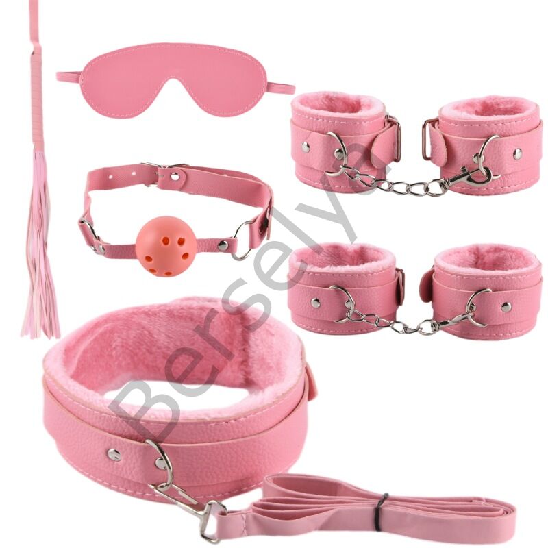 Deri Pembe Harnes Fantazi 7'li Kelepçe Kırbaç Fetiş Seti