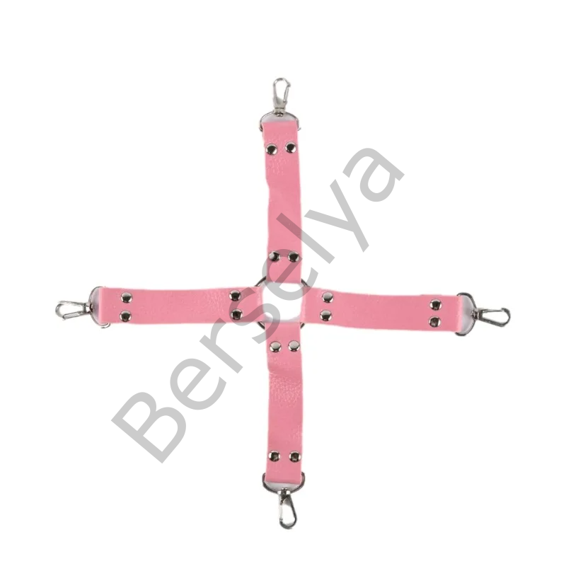 Deri Pembe Harnes Fantazi 7'li Kelepçe Kırbaç Fetiş Seti