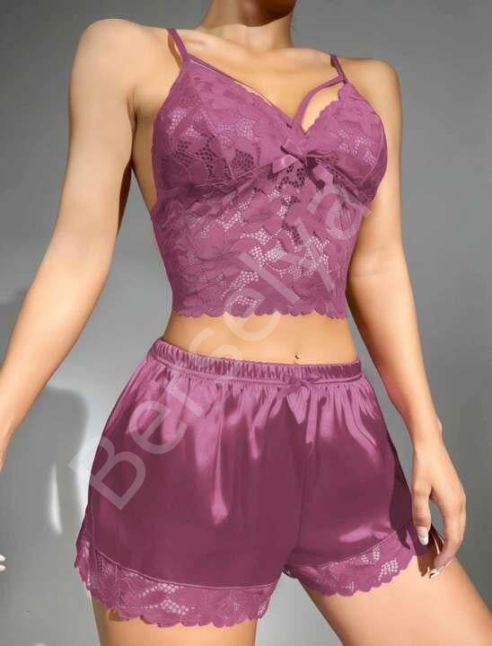 Dantelli Büstiyer İnce Askılı Lila Saten Şortlu Takım